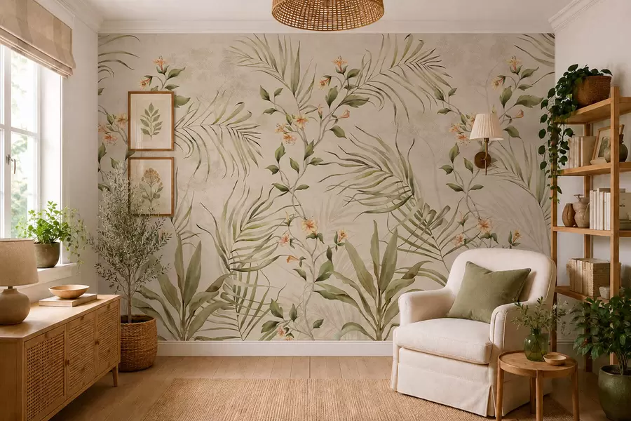 Papier peint Feuilles tropicales et fleurs délicates sur fond beige w05625