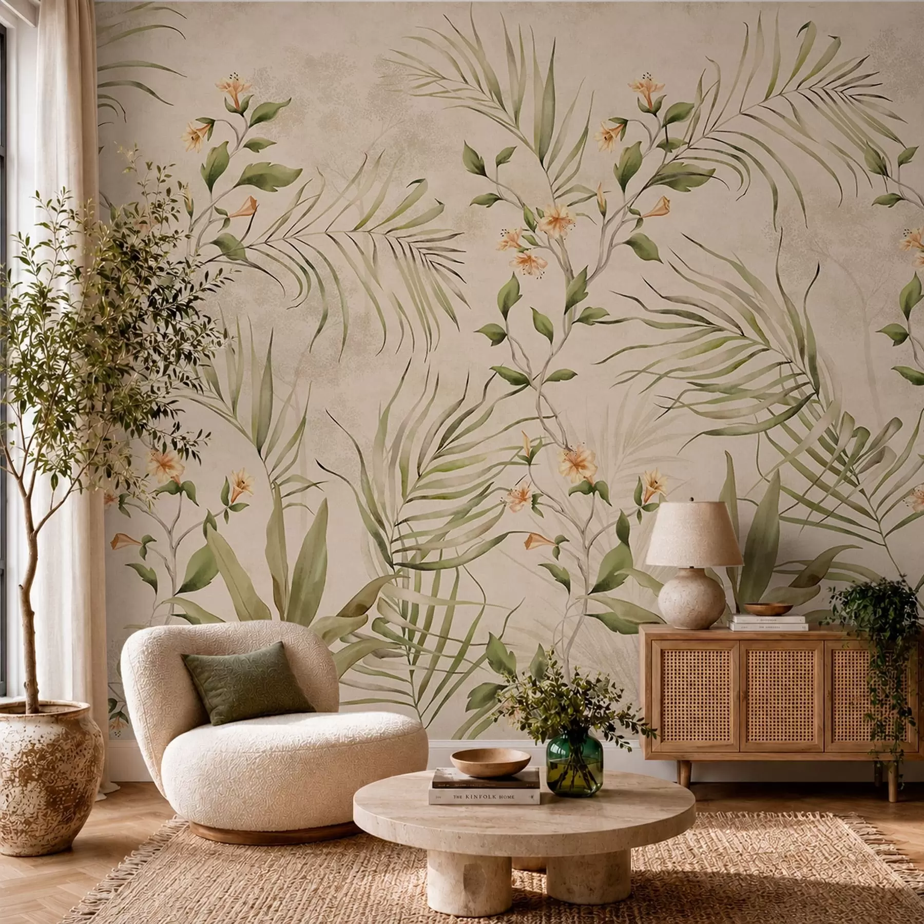Papier peint Feuilles tropicales et fleurs délicates sur fond beige w05625