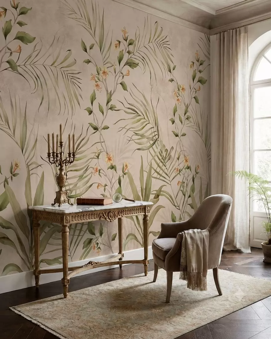 Papier peint Feuilles tropicales et fleurs délicates sur fond beige w05625