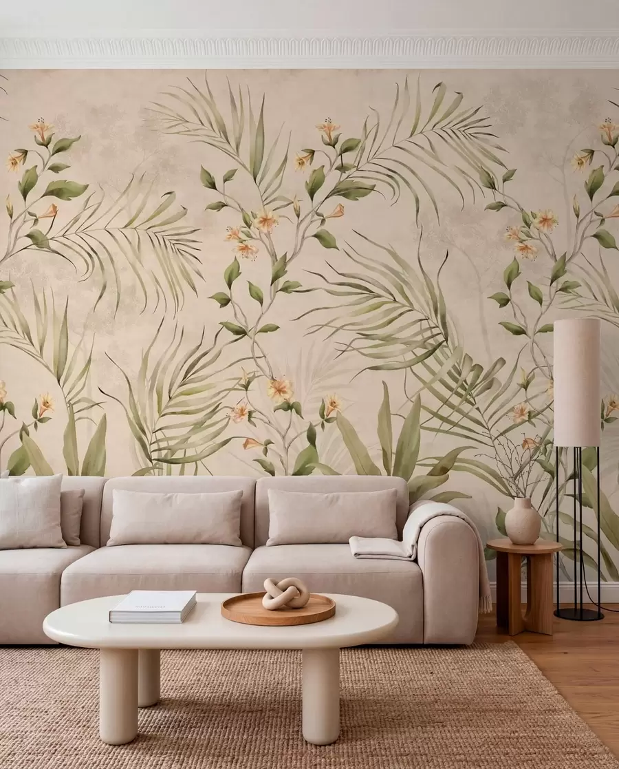 Papier peint Feuilles tropicales et fleurs délicates sur fond beige w05625