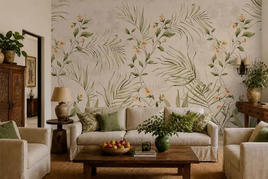 Papier peint Feuilles tropicales et fleurs délicates sur fond beige w05625