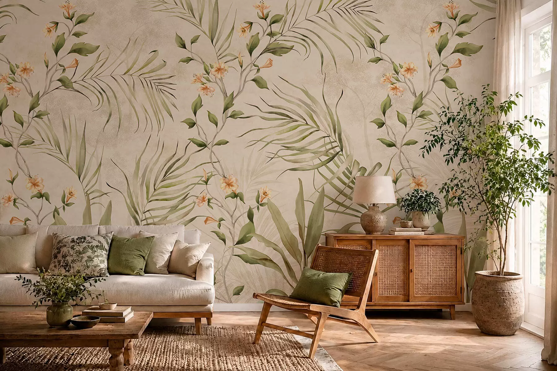 Papier peint Feuilles tropicales et fleurs délicates sur fond beige w05625