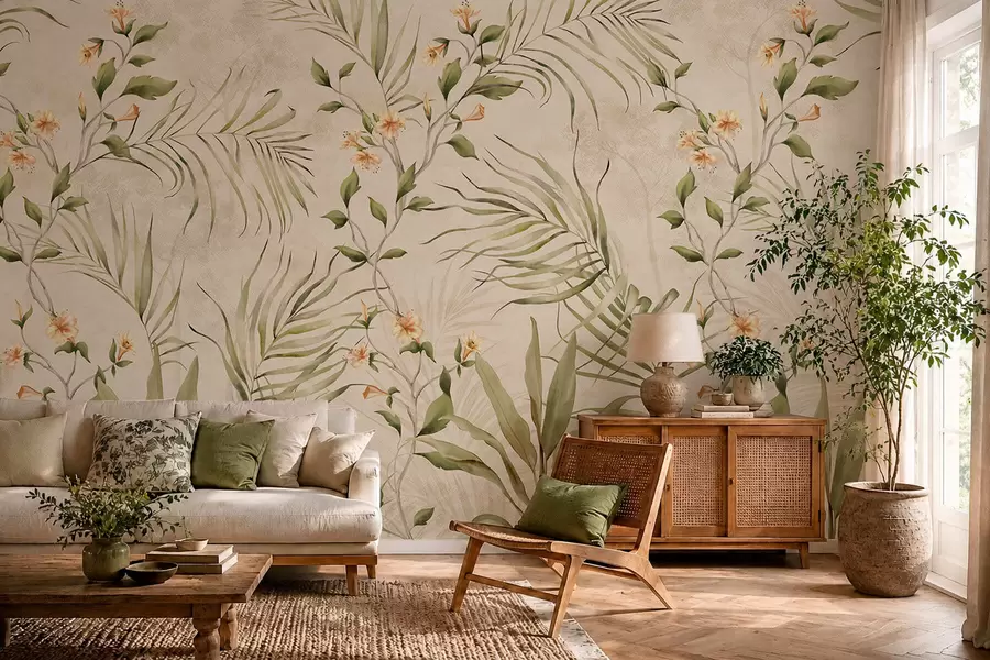 Papier peint Feuilles tropicales et fleurs délicates sur fond beige w05625