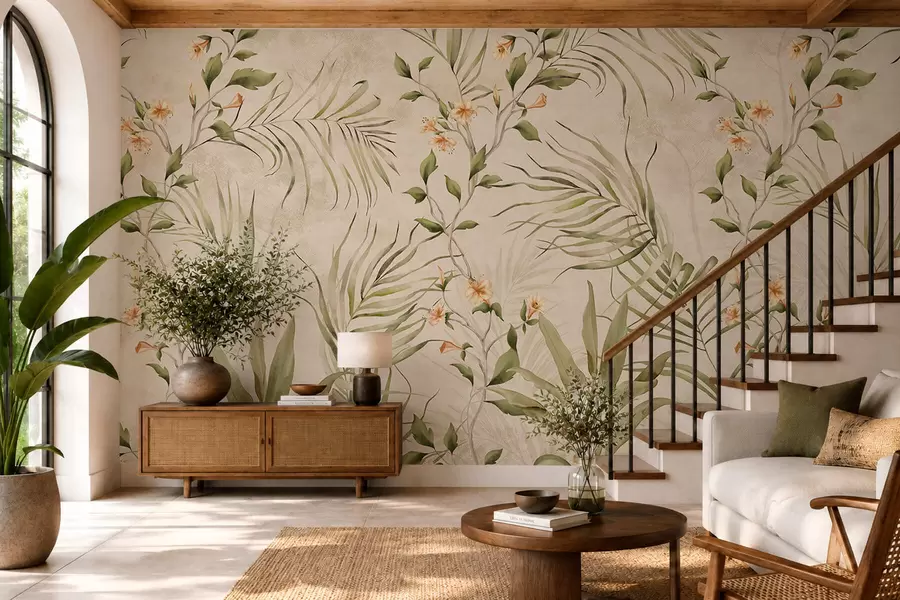Papier peint Feuilles tropicales et fleurs délicates sur fond beige w05625