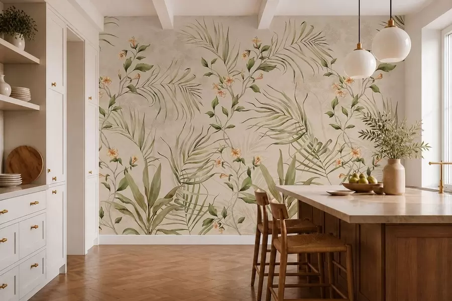 Papier peint Feuilles tropicales et fleurs délicates sur fond beige w05625