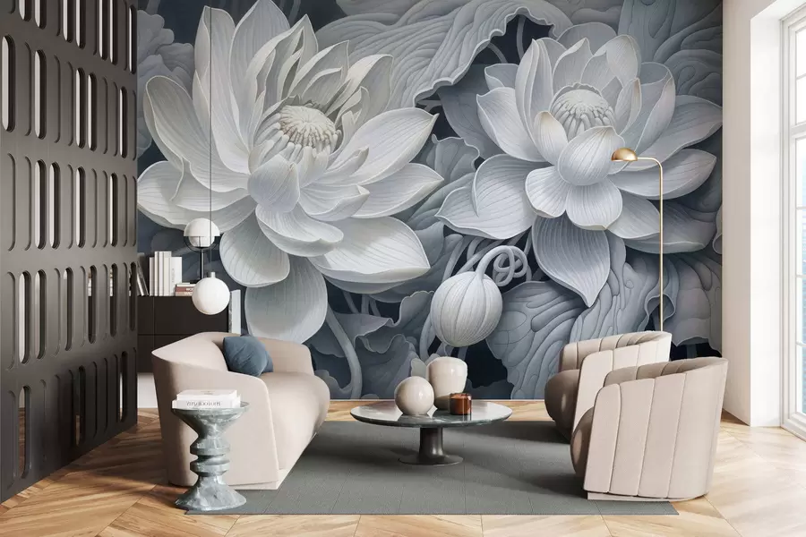 Papier peint Fleurs de lotus vintage aux douces nuances sépia et aux pétales finement dessinés, illustration botanique artistique w05494