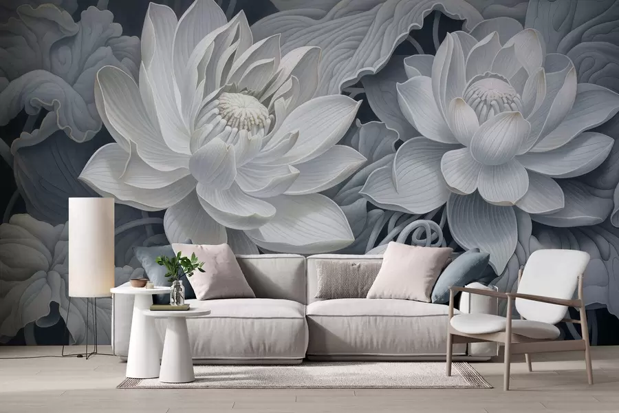Papier peint Fleurs de lotus vintage aux douces nuances sépia et aux pétales finement dessinés, illustration botanique artistique w05494