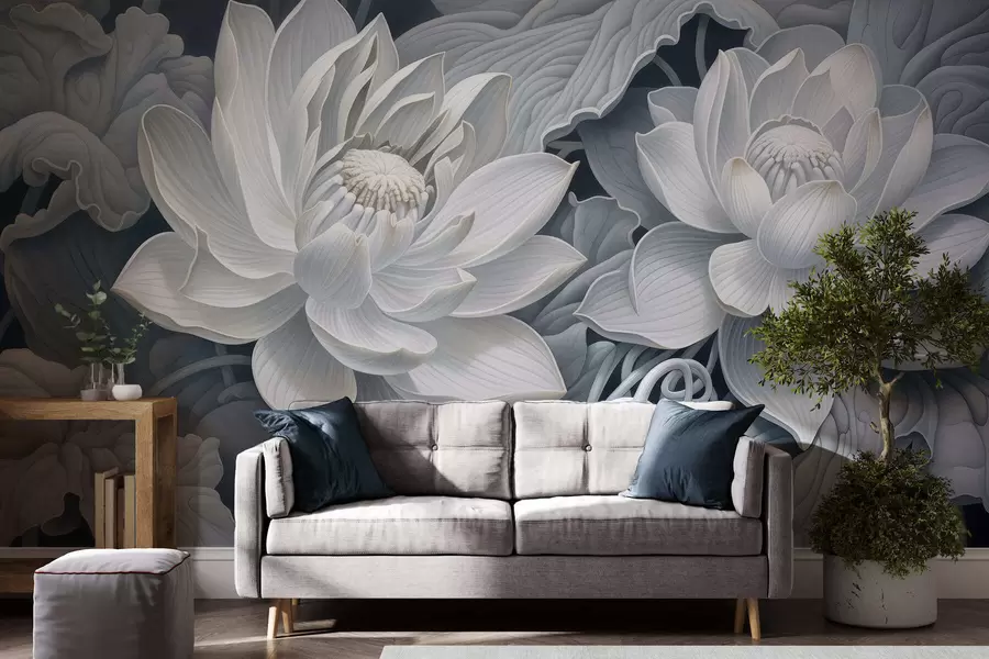 Papier peint Fleurs de lotus vintage aux douces nuances sépia et aux pétales finement dessinés, illustration botanique artistique w05494
