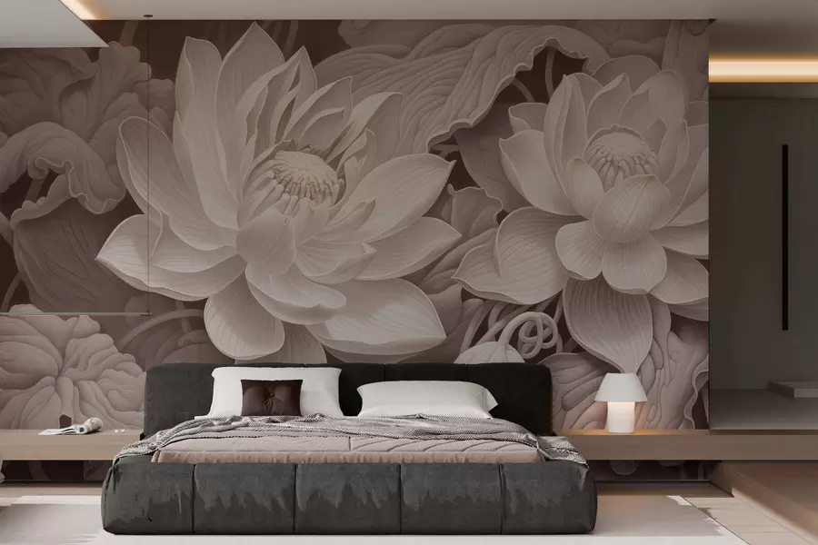 Papier peint Fleurs de lotus vintage aux douces nuances sépia et aux pétales finement dessinés, illustration botanique artistique w05494v1