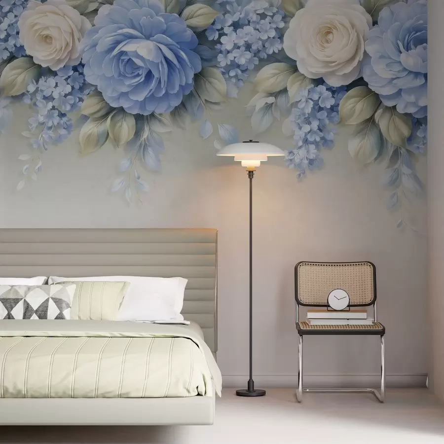 Papier peint Des roses délicates et des bouquets floraux dans une composition botanique d'inspiration porcelaine, avec des pétales superposés aux contours doux et des feuilles fluides et élégantes w05495