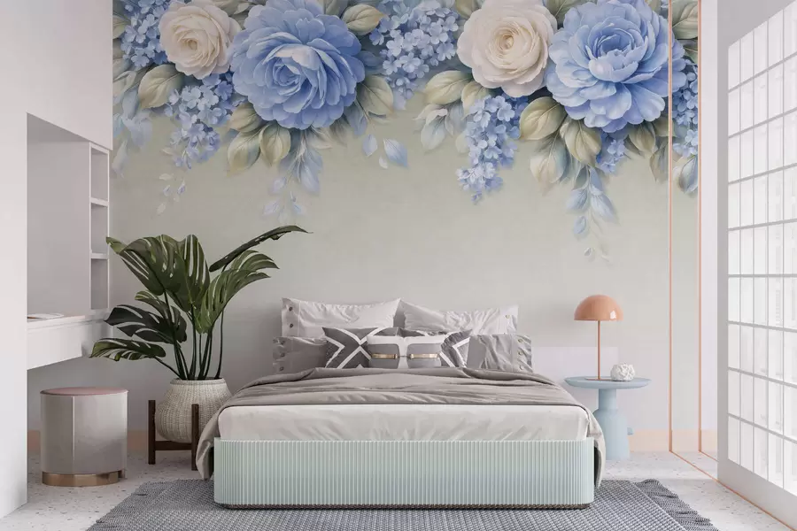 Papier peint Des roses délicates et des bouquets floraux dans une composition botanique d'inspiration porcelaine, avec des pétales superposés aux contours doux et des feuilles fluides et élégantes w05495