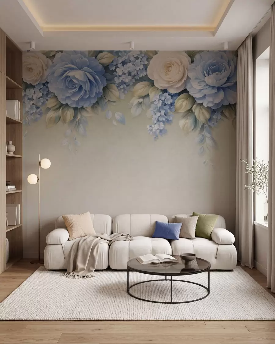 Papier peint Des roses délicates et des bouquets floraux dans une composition botanique d'inspiration porcelaine, avec des pétales superposés aux contours doux et des feuilles fluides et élégantes w05495