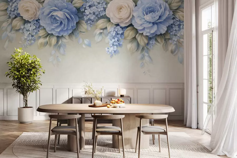 Papier peint Des roses délicates et des bouquets floraux dans une composition botanique d'inspiration porcelaine, avec des pétales superposés aux contours doux et des feuilles fluides et élégantes w05495