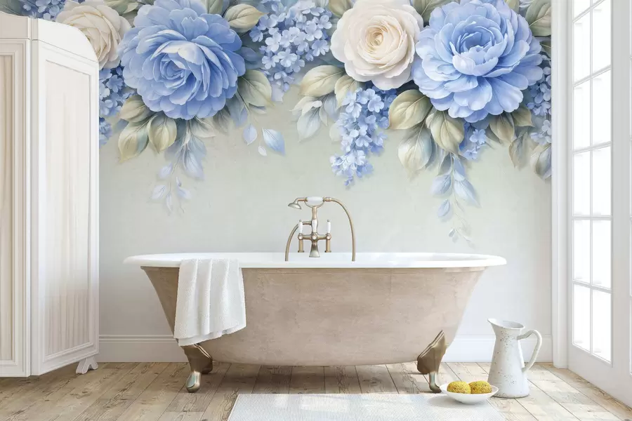 Papier peint Des roses délicates et des bouquets floraux dans une composition botanique d'inspiration porcelaine, avec des pétales superposés aux contours doux et des feuilles fluides et élégantes w05495
