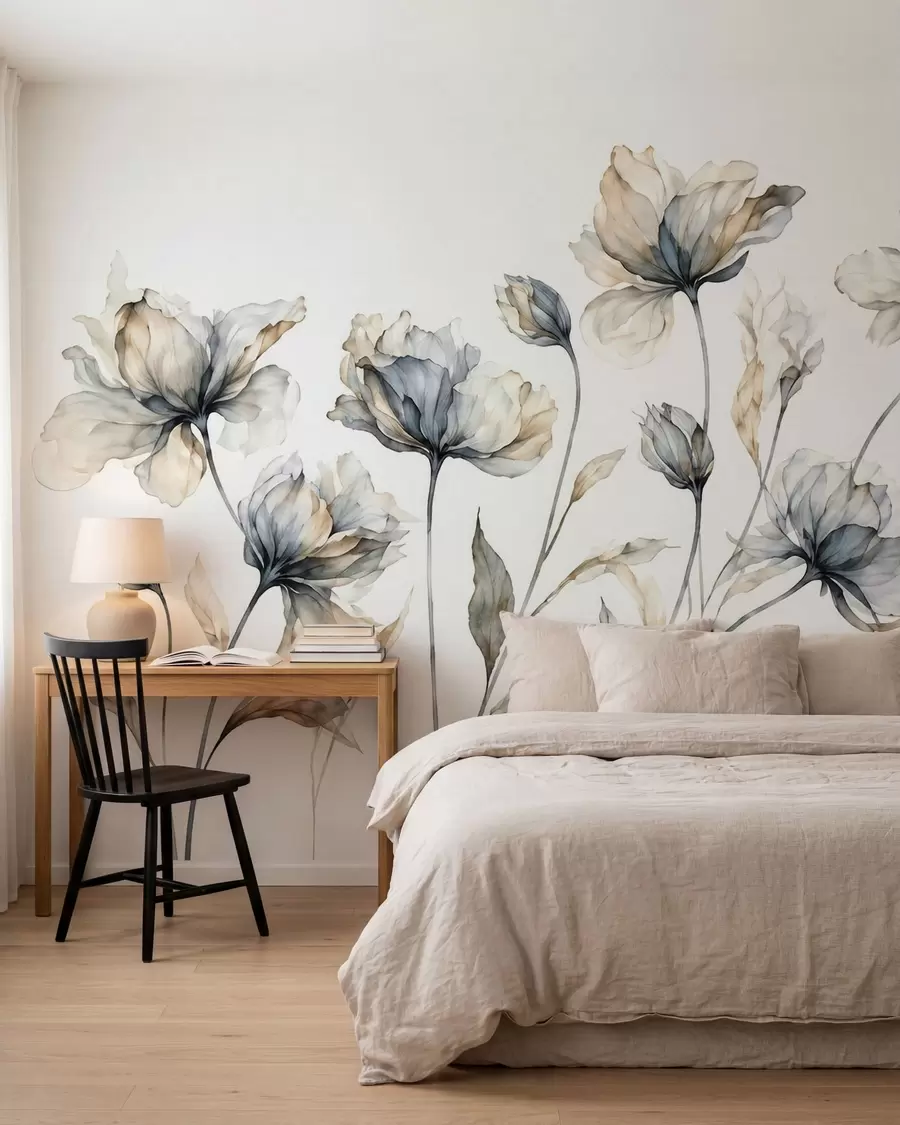 Papier peint Des fleurs élégantes et aériennes, aux pétales translucides superposés, portées par de longues tiges délicates w05579