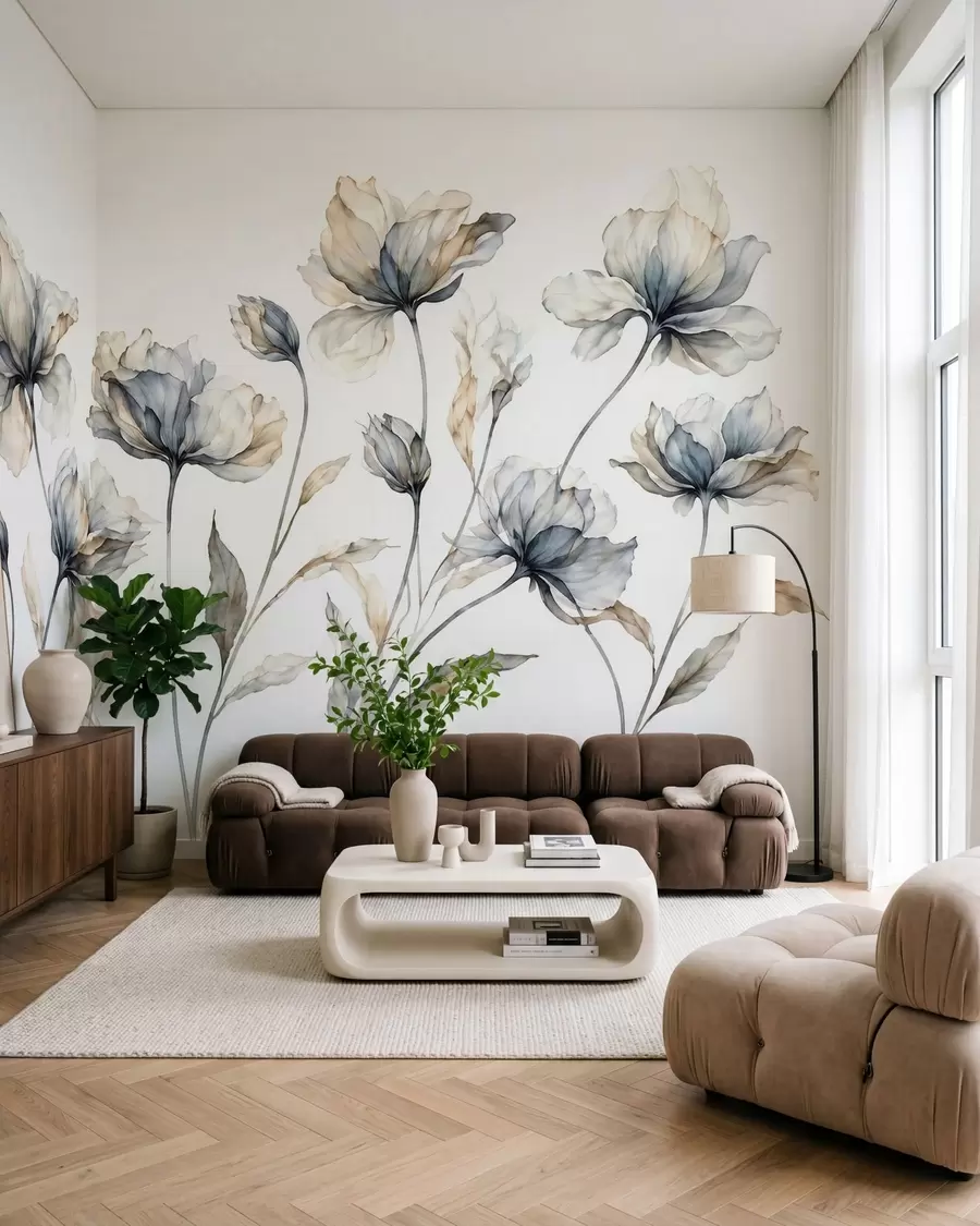 Papier peint Des fleurs élégantes et aériennes, aux pétales translucides superposés, portées par de longues tiges délicates w05579
