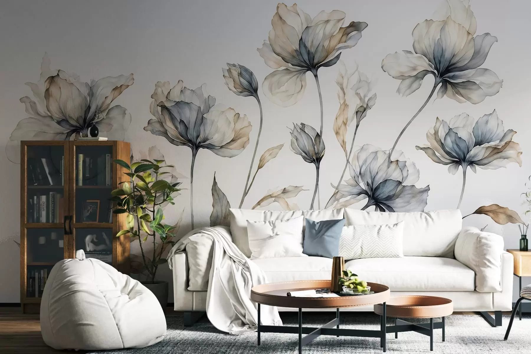 Papier peint Des fleurs élégantes et aériennes, aux pétales translucides superposés, portées par de longues tiges délicates w05579