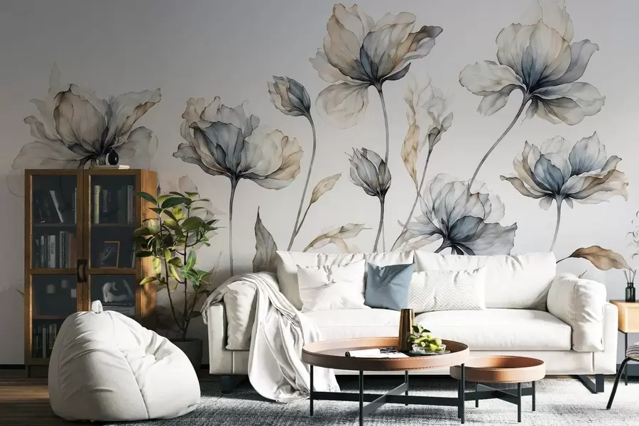 Papier peint Des fleurs élégantes et aériennes, aux pétales translucides superposés, portées par de longues tiges délicates w05579
