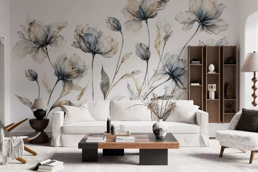 Papier peint Des fleurs élégantes et aériennes, aux pétales translucides superposés, portées par de longues tiges délicates w05579