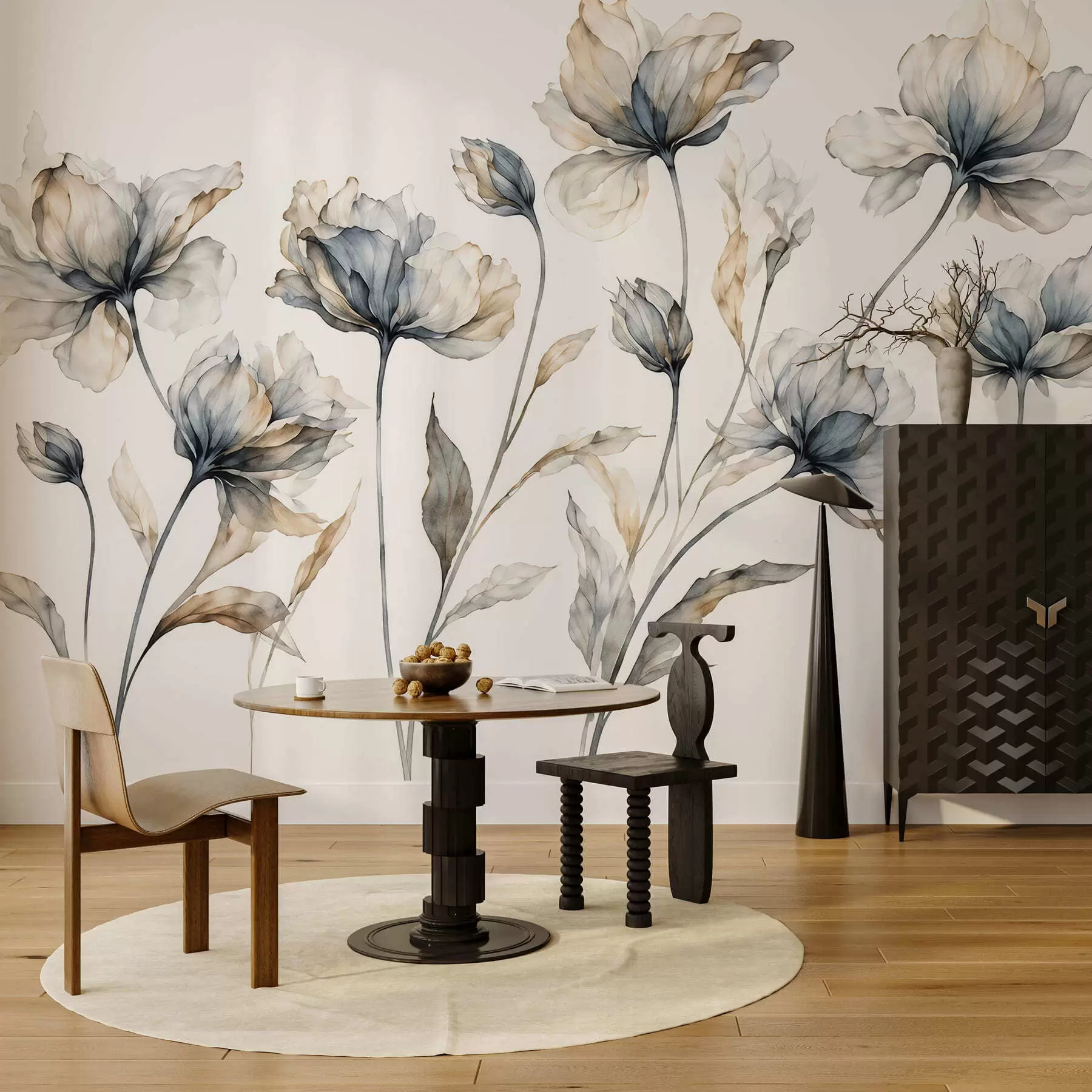 Papier peint Des fleurs élégantes et aériennes, aux pétales translucides superposés, portées par de longues tiges délicates w05579