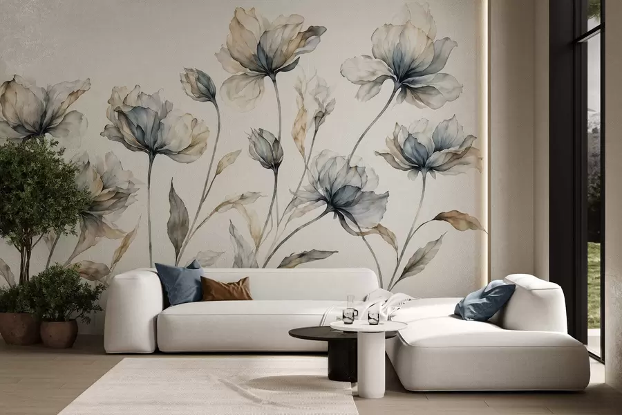 Papier peint Des fleurs élégantes et aériennes, aux pétales translucides superposés, portées par de longues tiges délicates w05579