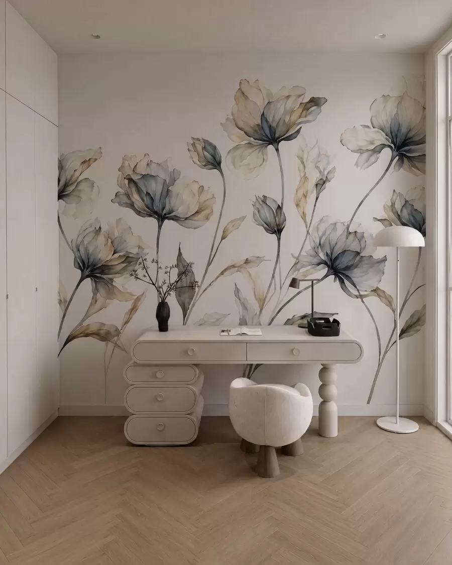 Papier peint Des fleurs élégantes et aériennes, aux pétales translucides superposés, portées par de longues tiges délicates w05579