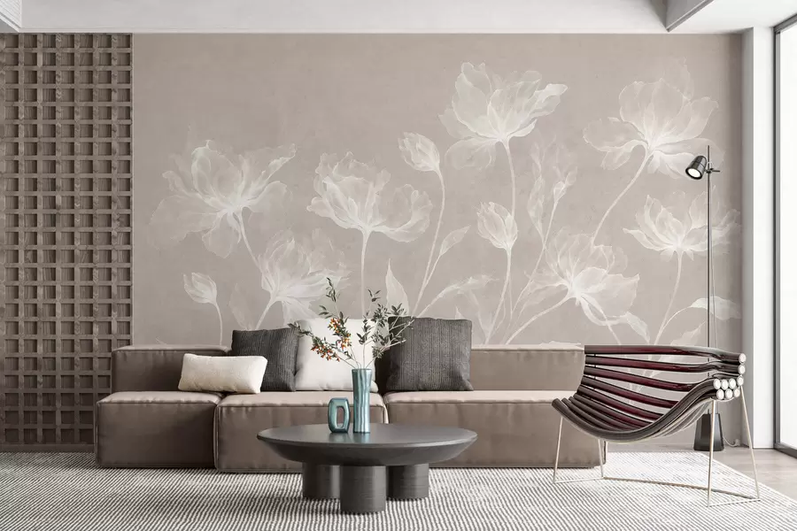 Papier peint Des fleurs élégantes et aériennes, aux pétales translucides superposés, portées par de longues tiges délicates w05579v1