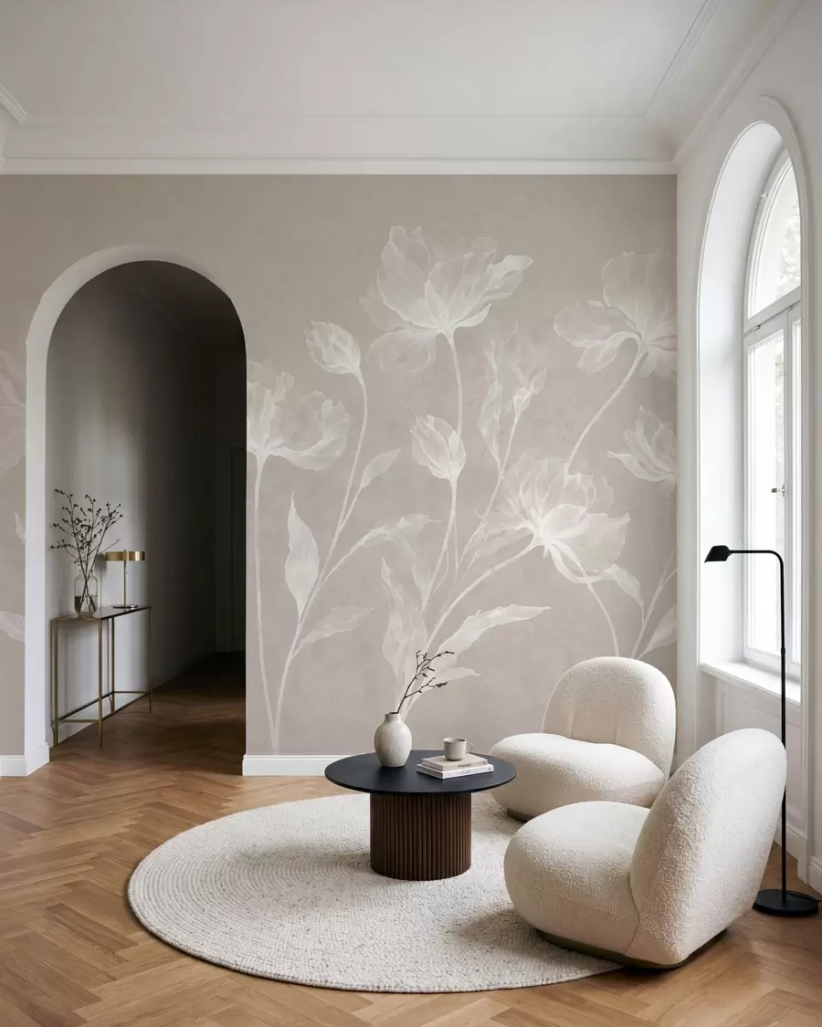 Papier peint Des fleurs élégantes et aériennes, aux pétales translucides superposés, portées par de longues tiges délicates w05579v1