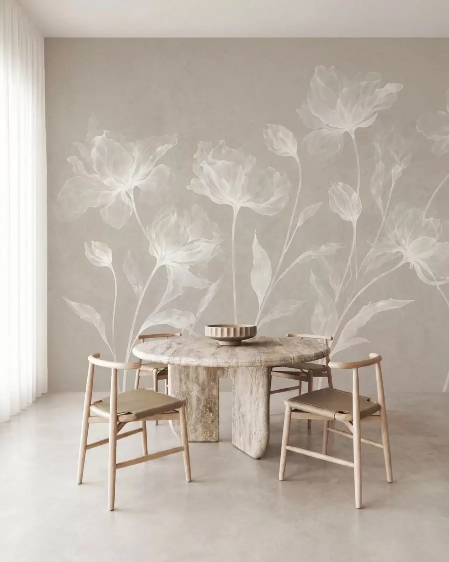Papier peint Des fleurs élégantes et aériennes, aux pétales translucides superposés, portées par de longues tiges délicates w05579v1