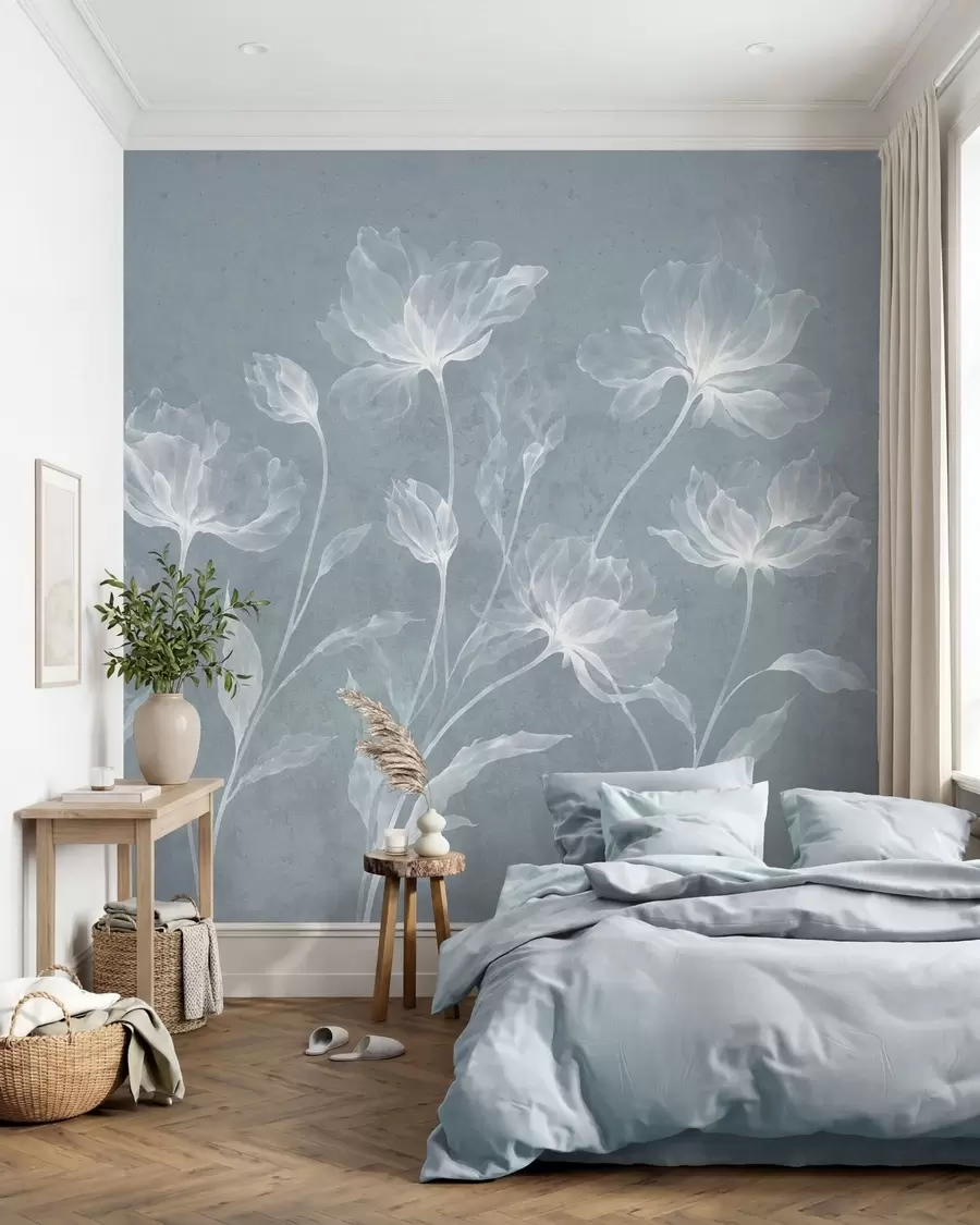 Papier peint Des fleurs élégantes et aériennes, aux pétales translucides superposés, portées par de longues tiges délicates w05579v2