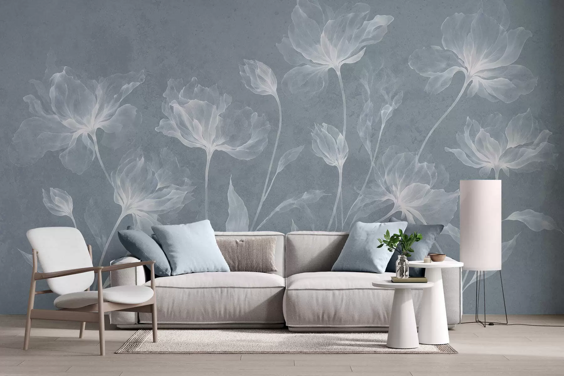 Papier peint Des fleurs élégantes et aériennes, aux pétales translucides superposés, portées par de longues tiges délicates w05579v2
