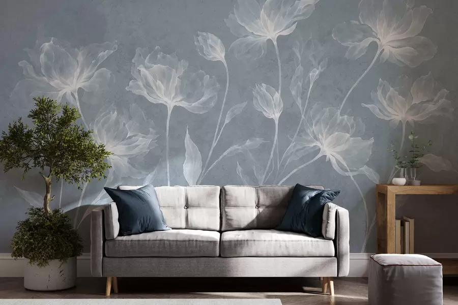 Papier peint Des fleurs élégantes et aériennes, aux pétales translucides superposés, portées par de longues tiges délicates w05579v2