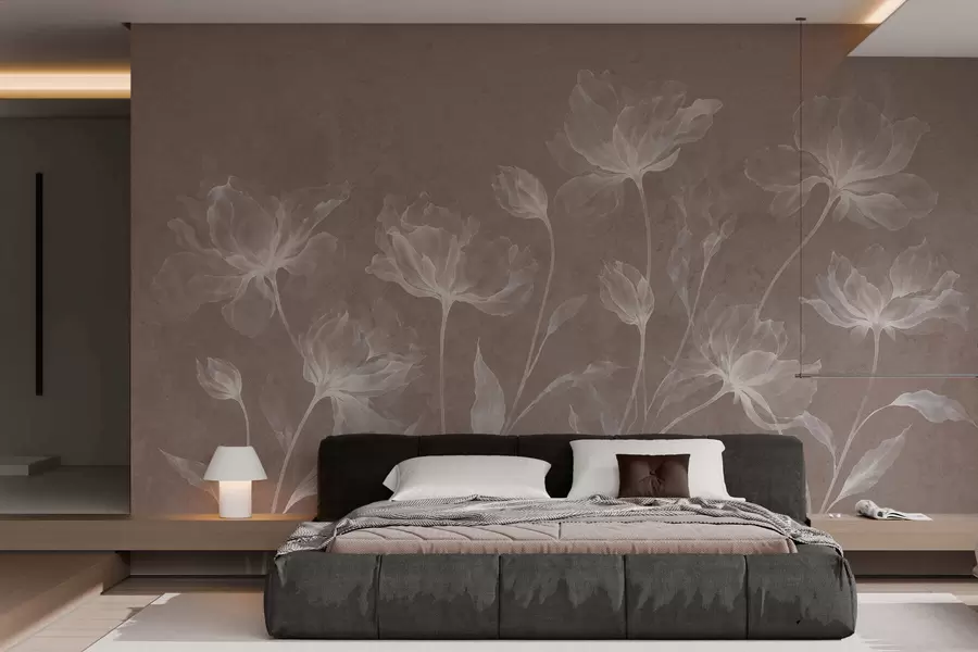 Papier peint Des fleurs élégantes et aériennes, aux pétales translucides superposés, portées par de longues tiges délicates w05579v3