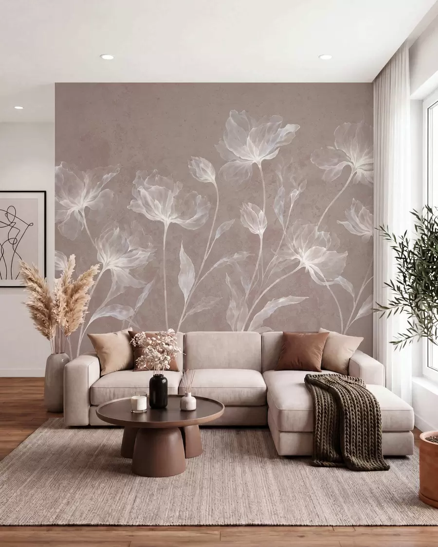 Papier peint Des fleurs élégantes et aériennes, aux pétales translucides superposés, portées par de longues tiges délicates w05579v3