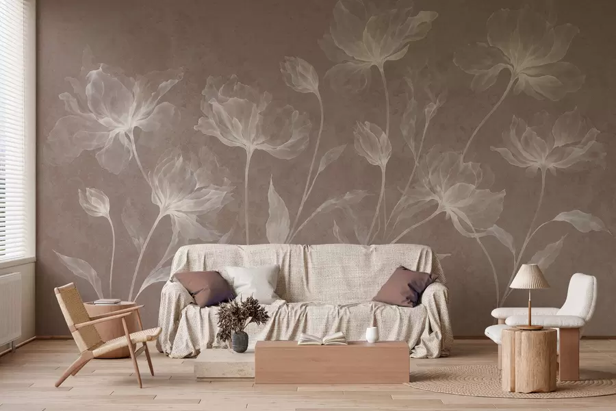 Papier peint Des fleurs élégantes et aériennes, aux pétales translucides superposés, portées par de longues tiges délicates w05579v3