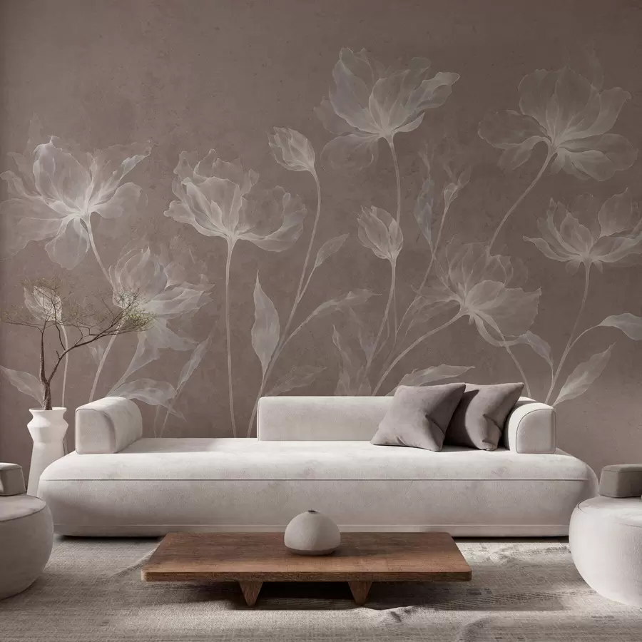 Papier peint Des fleurs élégantes et aériennes, aux pétales translucides superposés, portées par de longues tiges délicates w05579v3