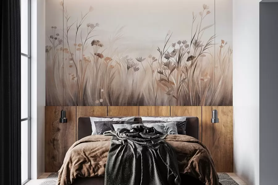 Papier peint Un champ de fleurs sauvages aux tons bruns et beiges discrets, parsemé de hautes herbes et de fleurs délicates w09872