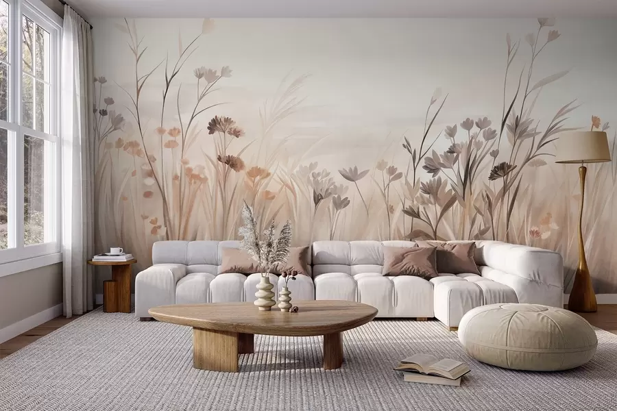 Papier peint Un champ de fleurs sauvages aux tons bruns et beiges discrets, parsemé de hautes herbes et de fleurs délicates w09872