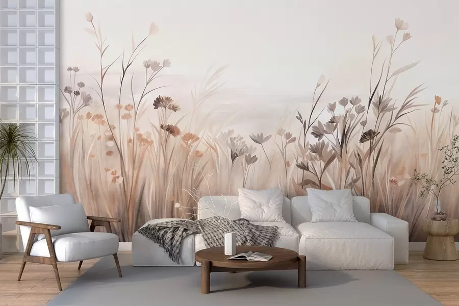 Papier peint Un champ de fleurs sauvages aux tons bruns et beiges discrets, parsemé de hautes herbes et de fleurs délicates w09872