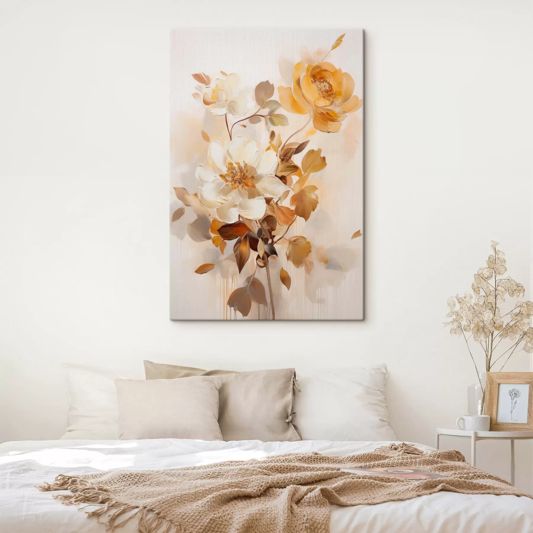 Tableau Fleurs abstraites aux feuilles brunes, style pictural et coups de pinceau s49145