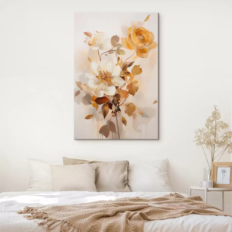 Tableau Fleurs abstraites aux feuilles brunes, style pictural et coups de pinceau s49145