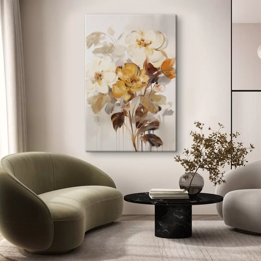 Tableau Fleurs abstraites aux feuilles brunes, style pictural et coups de pinceau s49146