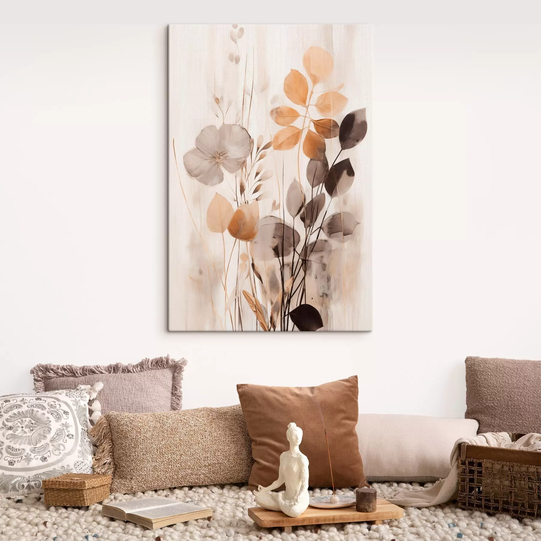 Tableau Composition florale dans des tons orange et gris discrets, art abstrait s49147