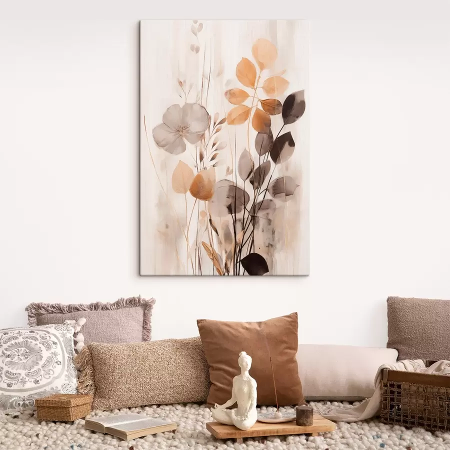 Tableau Composition florale dans des tons orange et gris discrets, art abstrait s49147