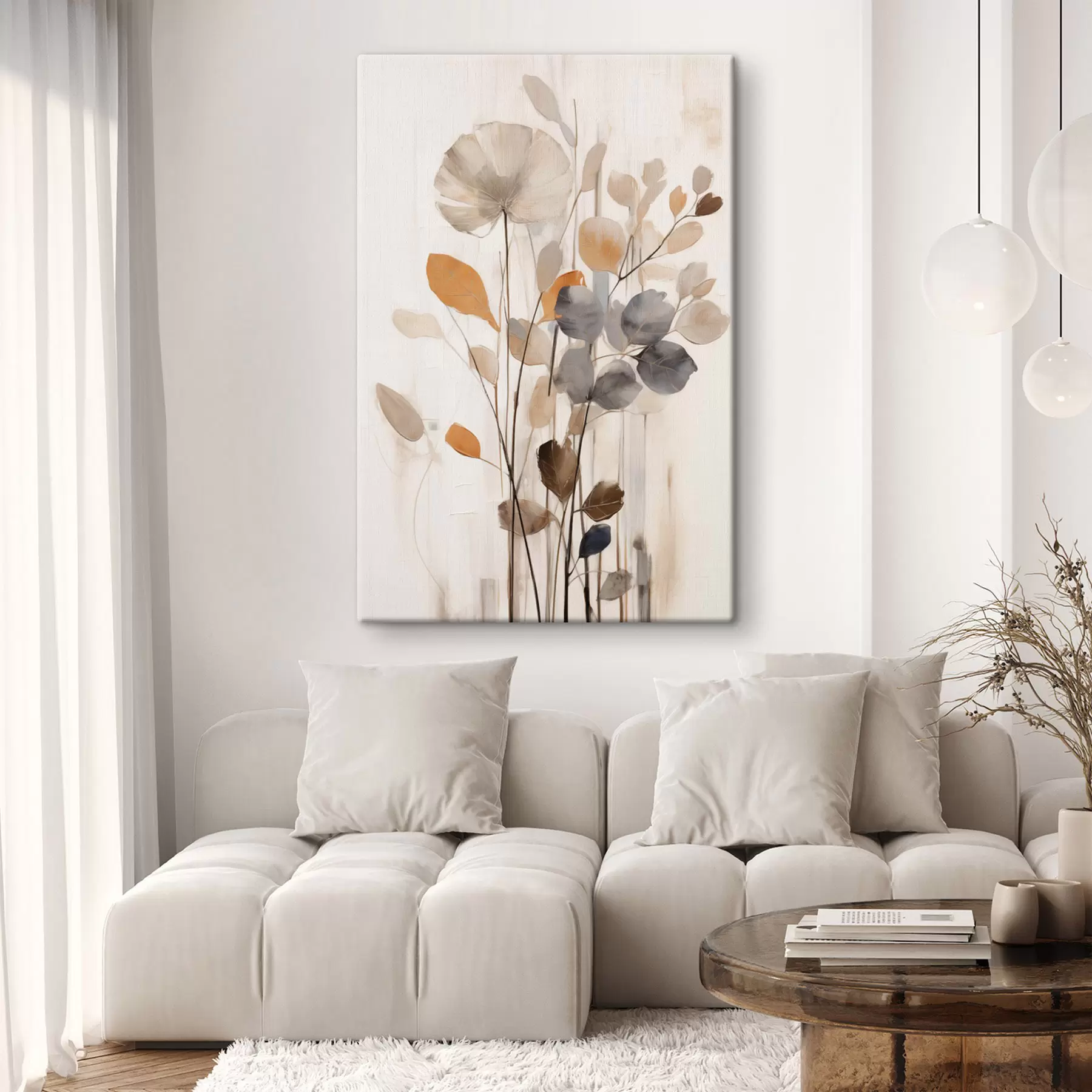 Tableau Composition florale aux tons orange et gris discrets, art abstrait s49148