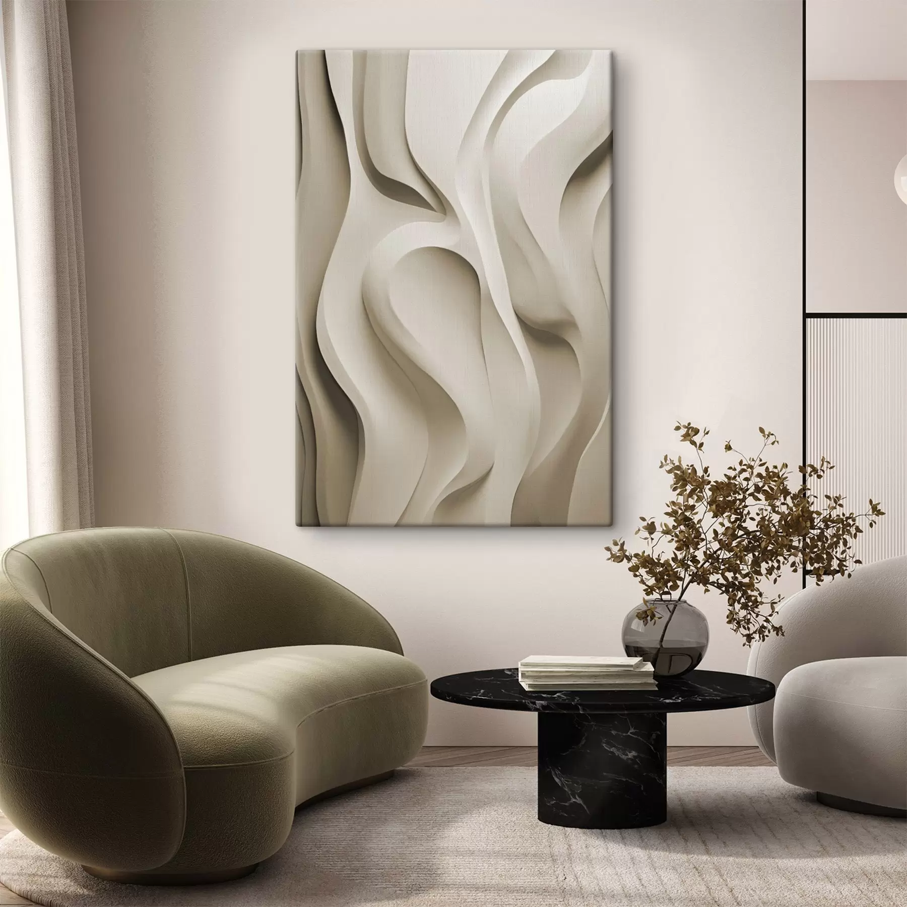Tableau Formes abstraites ondulées de couleur beige aux courbes douces, art moderne minimaliste s49149