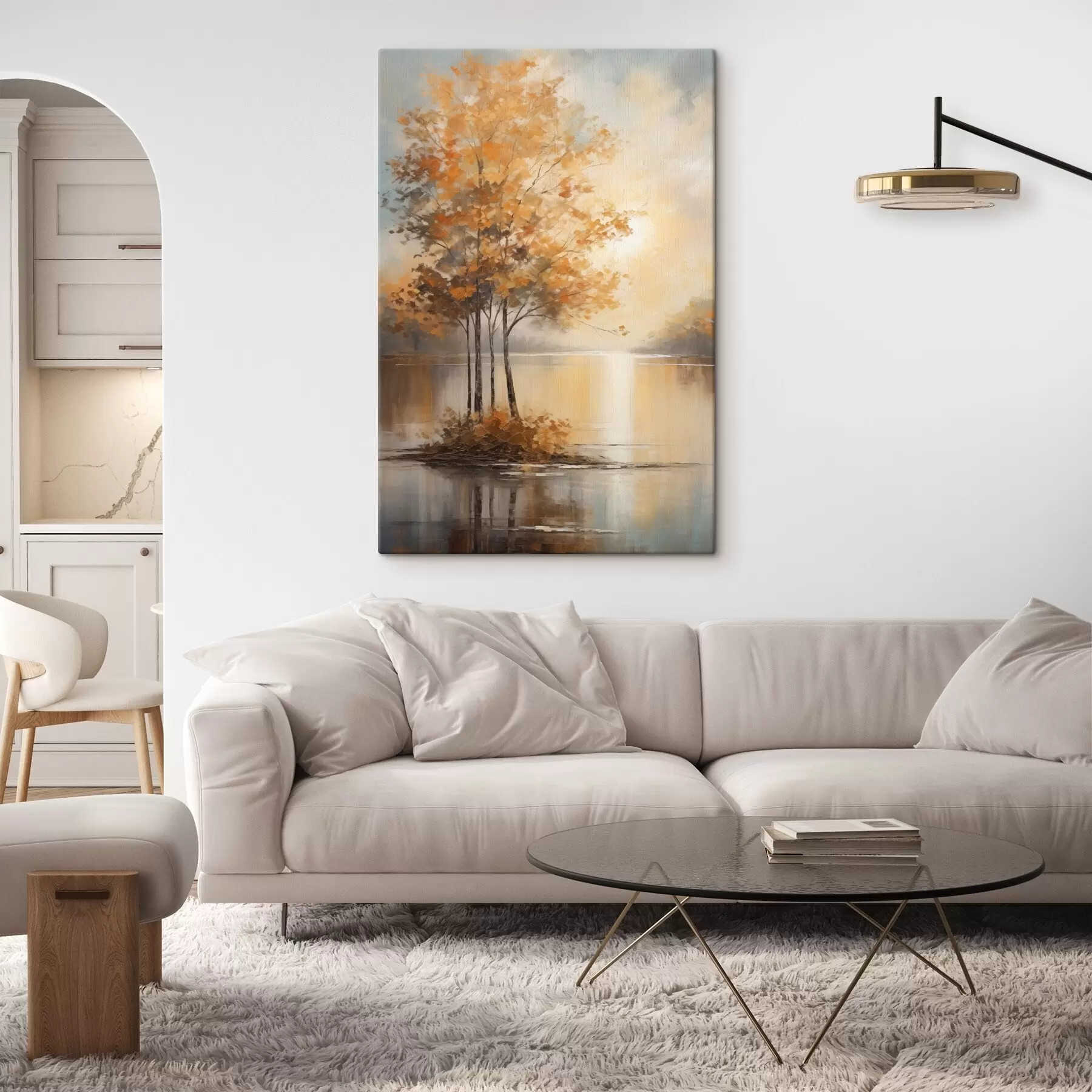 Tableau Paysage, arbres aux feuilles orange, lac, le soleil en arrière-plan s49151
