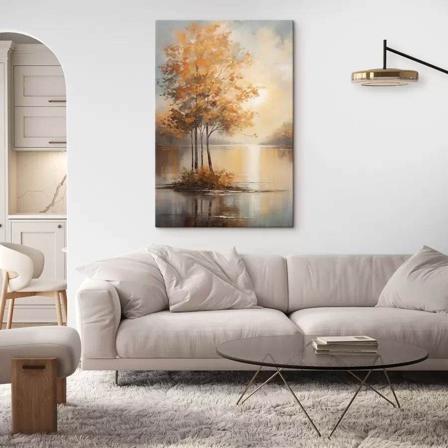 Tableau Paysage, arbres aux feuilles orange, lac, le soleil en arrière-plan s49151