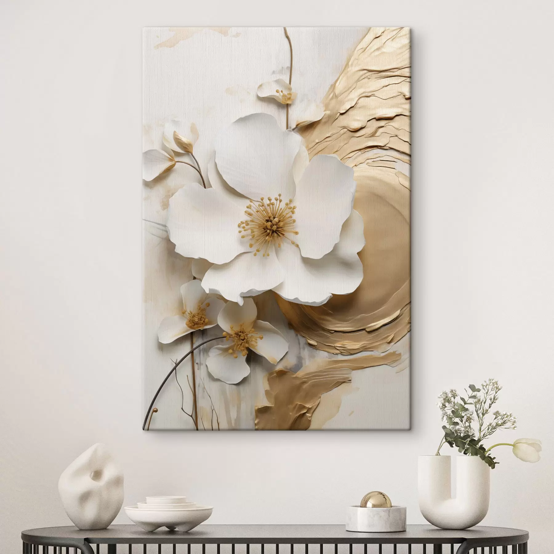 Tableau Fleur blanche abstraite, imitation de coups de pinceau sur un fond texturé s49153