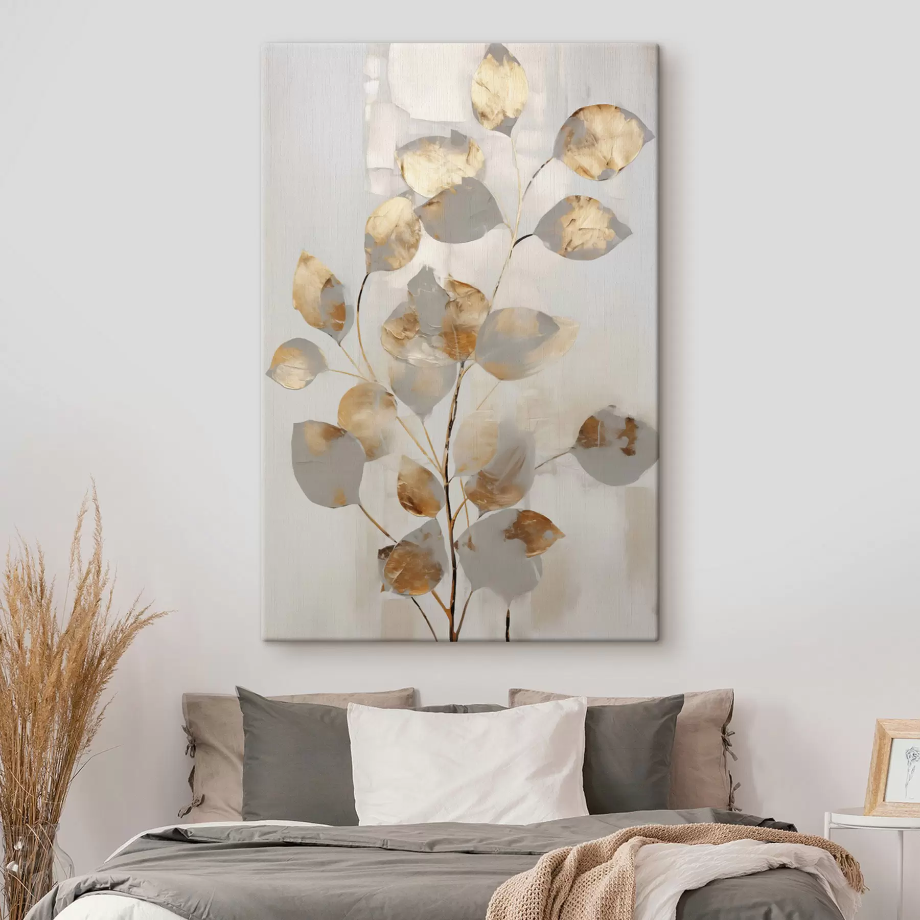 Tableau Branche abstraite aux feuilles ovales dans des tons de gris et de jaune, œuvre d'art texturée s49155